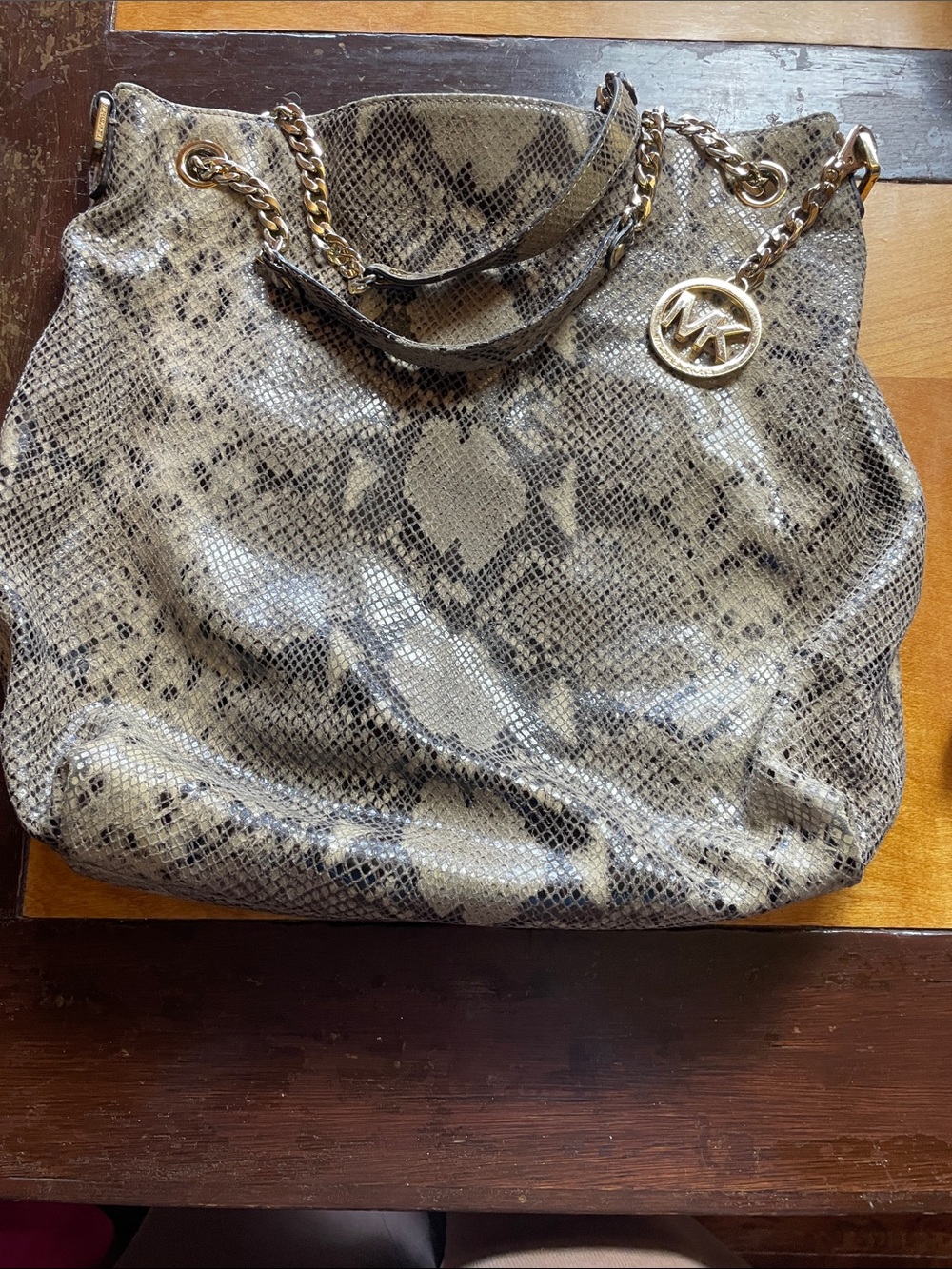Michael Kors Snake-Print Shoulder Tote in Taupe and Black with Gold Hardware